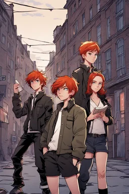 two boys with ginger hair plus a teenage punk girl with dark hair are standing in characteristic book cover-style poses. They are young amateur detectives. The town street in background, mysterious atmosphere