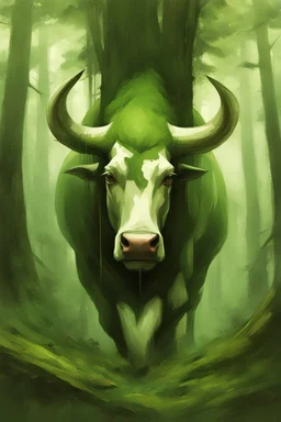 A bull or a horse with a wooden totem on its back, in the middle of the forest. Opposite is a tree with a green-skinned man on it., by Ryohei Hase, Agnes Cecile, Raymond Swanland, Anne Bachelier