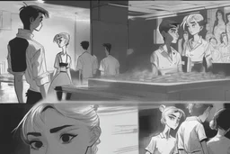 black and white story board, Cut back to the chefs, all of whom roll one sly look at the boy and the girl they switch to the establishment. The shot is through the boy and the girl in the foreground seeing only each other their bodies and between them (if the girl is on the left a the boy on the right and they go right in frame) in the middle we see gives from the cooks, and the third behind the girl (left of frame), scattered throughout the kitchen must have been thrown at them look.