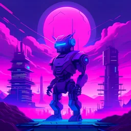 robot god in a future landscape ,real vapourwave style, with neon and purple rays and buildings