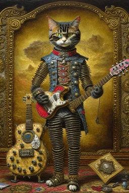 A full length portrait of a rocker-style cat mixed with a rusted robot, carrying a guitar, baroque painting by Walter Popp