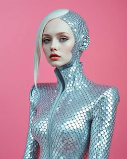 pink back ground ,A mesmerizing fusion of intimate abstraction and surreal futurism, depicting a striking female albino figure adorned in a breathtaking silver chrome-scaled suit. The intricate structure of the suit echoes the hyper-fractal nature of a coherent hyper-position lattice, creating a dynamic interplay of light and form that seems almost otherworldly. Her presence is both mysterious and seductive, yet tinged with an innocent vulnerability, as she gazes outward with an expression of