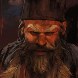 dnd, fantasy, watercolour, stylistic, portrait, illustration, dull colours, male, dwarf, face, bearded, long brows, frugal