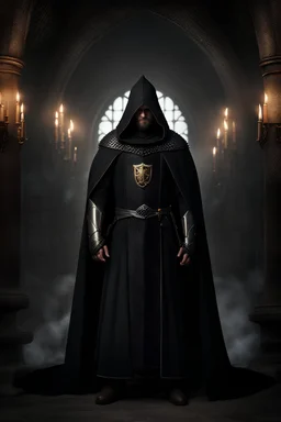 human man that wears a black cloak adorned with the emblem of the Ebon Vanguard, wearing fine chainmail armor, detailed regal face, no head coverings. photo-realistic, medieval fantasy, fancy dark castle room background. 8k resolution.