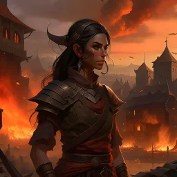 a beautiful dark haired tiefling woman, dressed in a sleeveless battle outfit, watching the burning ruins of a medieval town