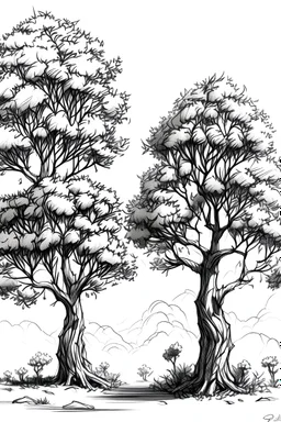 Ghaf tree line art draw with detail in its leaves, branches