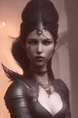 she is a beautiful young woman, black hair, and brown eyes, she is a classic rogue rogue, wields a dagger that shines with a purple light, outlines a malicious look on her face, wears armor made with leather highlighting, dark alley in background, soft lighting, close up, ultra realistic, unreal engine, 8k, impressive, octane renderer