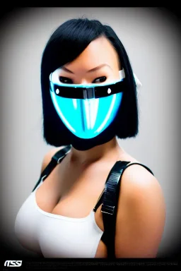 Cyber-punk style mask. Large fencing mask covers cheeks. Trim girls. Reflective white plastic skin. Camera lenses as eyes. Head full of integrated old-fashioned cameras. Golden to cyan surfaces body, latex. Perfect body, thick thighs and calves. Asa Akira. Selfies with old-fashioned cameras in both hands. Wide hip, skirt bleats nicely. Camera at mons veneris and nipples. Partly symmetrical. Three Cameras hanging on wide plastic belt. Euclidean 3D-tiling. dystopia. Fractal-camera-lens.Minimalism