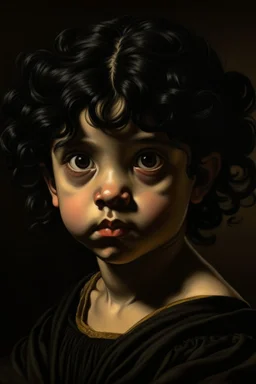 A portrait of a young female halfling, dark eyes, black hair, Caravaggio style