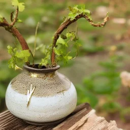 photo of a small cracked ceramic vase repaired with gold, kintsugi, garden setting, beautiful landscape photography, beautiful, vines and leaves, delicate, cinematic, high detail, beautiful composition, delicate arrangement, aesthetic, soft lighting, award winning photography, tender