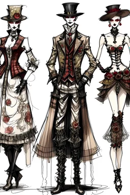 Design different sketches of men's, women's or unisex clothing based on the Vivienne Westwood brand and the Victorian era. Rebel, extraordinary, underground, using corsets with a touch of vampire fantasy