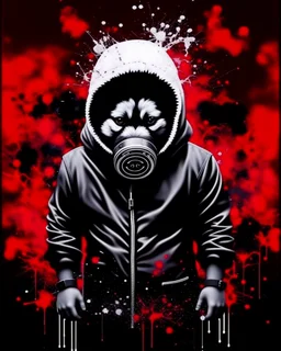 Banksy style. Vibrant and dynamic masterpiece with fluid patterns forming a killer dog with hood and gas mask, its eyes are intense. Red, white and black colors, creating a fascinating effect. Full body