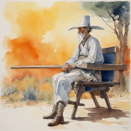 Don Quixote sitting on a bench, aquarelle by Moebius