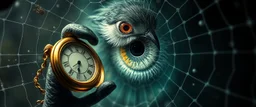 close up of cuckoo in the fish eye web, interdimensional portal, with a pocket watch with a chain in its claw