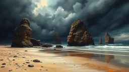 Surreal landscape of a beach with giant floating rocks, dark stormy sky, eerie atmosphere, realistic oil painting style by Salvador Dali and Hieronymus Bosch, long shot, intricate details, vibrant colors.