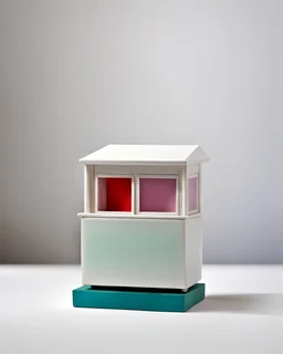 Inspired by Mark Rothko, gestalt theory, intricate brutalist miniature porcelain sculpture of vacant street commercial kiosk on legs, circa 2000, in a contemporary urban art gallery, pure and clean materials.Eye-catching, vivid, product-focused, sharp focus.