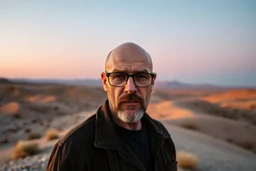man looking like "Walter White" in breaking bad tv show, bald and goatee glasses, standing on a desert hill in sunset, panorama picture with long shadows,
