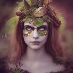 Portrait of beautiful girl, plant, metal, feathers, Dryad, fae, sidhe, ominous, nature, plants, wildflower, facepaint, dnd character portrait, intricate, oil on canvas, masterpiece, expert, insanely detailed, 4k resolution, retroanime style, cute big circular reflective eyes, cinematic smooth, intricate detail , soft smooth lighting, soft pastel colors, painted Renaissance style, 800mm lens