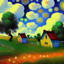 Dibujo al oleo de una pradera con una casa y unas vacas con muchas nubes de colores estilo Vincent van Gogh