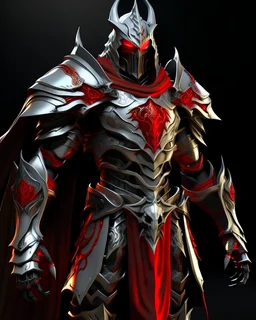 silver metal demon armor with crimson trim, golden highlights, glowing red eyes, long crimson cape