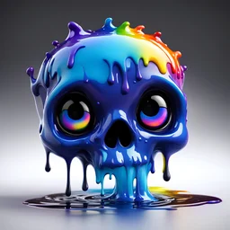 ((gooey blue melting skull)), pixar animation style, fluid form, ((dripping)), rainbow drizzle, adorable and cute, photorealistic cg, 3D concept art, bright, fantastical black colour background, playful, soft smooth lighting, white cartoon eyes, highly detailed, stylised and expressive, sharp, wildly imaginative, skottie young, bold, colourful, neon graffiti, dark pop surrealism, rainbow coloured sprinkles, ((coloured pop candy toppings , smooth texture, cgsociety, Maya render