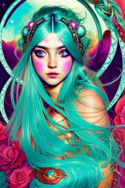 turquoise hair and infinite eyes, arrived using an internal astrolabe navigation from another dimension, she can control your mind with otherwoldly hypnotic beauty, psychadelic and uncommon colorful masterpiece by diego fernandez and Lou LL and klimt trending on