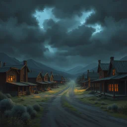 the western town called High Noon Hollow with gloomy skies fantasy art