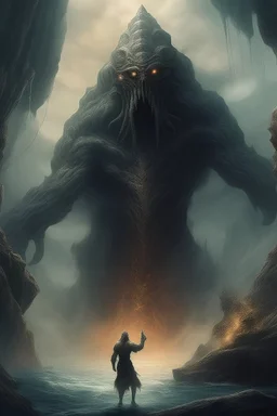 A giant creature holding and lifting up a big ship over head with his arms , a Smokey texture standing in a water in front of a mythical cave in granite volcanic mountain . Busch painting style