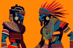 two arafed persons arguing in ritual combat stance, afrofuturism, arafed angularity, aztec vibe, patchwork vibe, side view, aztec room with extreme body action, sharp color contrasts, amazing shadows, exaggerated limbs and heads, minimal cozy, warm palette, bright bold warm summer colors, ritual scene, futuristic tribal style, Aztec influence, sculptural helmets, spiked headdress, geometric borders, patterned red rug over dark wooden floor, tribal ceramic vases with potted plants