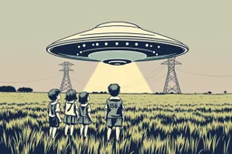 bumper sticker design, westall large flat ufo, in bold heading text WESTALL 1966, lots of school children looking up in a field with high voltage powerline and gumtree's, mysterious cool, bold