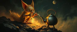 fuzz sponge tube gremlin fox demon in the astral realm with a tea kettle, painted by Rembrandt