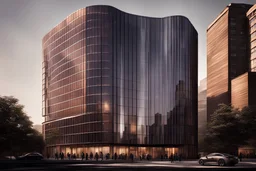 photorealistic, canon EOS 5d, minimalistic medium scale office building, curved, geometric shaped outline, expert, dramatic lighting, lighting effects, motion blurring walking crowd, realism sunlighting, car tail lightings