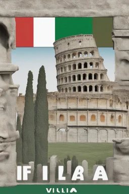 Imparare l'italiano. Gli studenti imparano la lingua, mentre dietro sullo sfondo l'alfabeto italiano. Torre Pendente di Pisa, Colosseo e bandiera italiana.