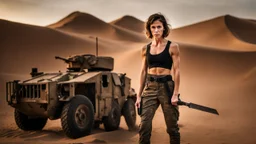 beautiful anorexic caucasian female technician, black tank top, well toned muscles, weathered face, scratched sand camo metal details, short brunette wavy bob haircut, dystopian, desert scene, pulling a knife