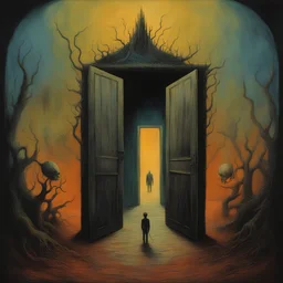 secret doorway, nightbreed cabal, abstract nightmare art, by Graham Sutherland and Duy Huynh and Beksinski, mind-bending color ink illustration; album cover art, dynamic composition, sinister oddball masterpiece, dynamic composition, complex contrast