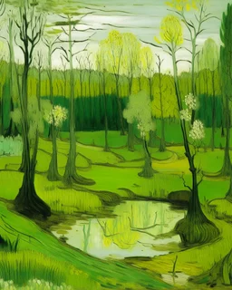 A light yellowish green swamp with bugs in daylight painted by Vincent van Gogh