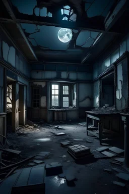 Zone abandonnée dans une maison abandonnée, nuit sombre, lune brillante