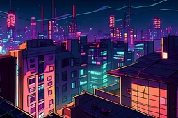 roof top apartment view of a vampire city lights cartoon