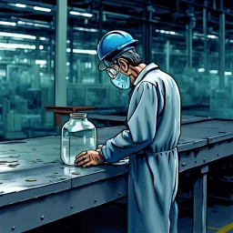 an very sad transparent glas man with working clothes, in a factory, nobody cares about the empty glas man, that is why he is so sad :( , he had worked 30 years in the factory and never had a salary increase, tears in his eyes, the working man is transparent, everyone see through him