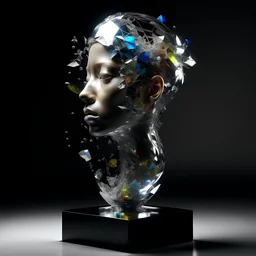 Designer fine art 3d sculpture in pieces Exploding glass earth head view: A see through glass sculpture an exploding head of a woman, with the earth inside her head, the hollow glass sculpture is made of thin fluid pearlescent glass, see through broken cracked glass, it’s coming apart in pieces, all the pieces are suspended in the air, inside a pixel glass orb, in a glass cube, alien sugar cube, micro details, 3d sculpture, in space