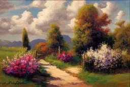 Clouds, trees, distant mountains, house, flowers, fence, pathway, otto pippel impressionism painting