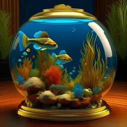 8k detailed, round glass aquarium, gold trim top and bottom, full of fancy paper crill fish, 3D HDR,
