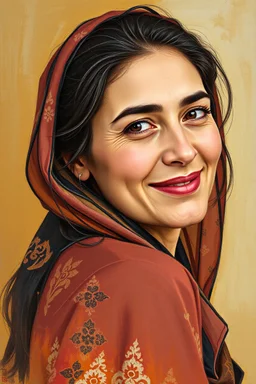 Palestinian woman with a beautiful face, turning her face slightly to the right, smiling slightly, her mouth closed, not showing her teeth, she looks drawn with oil paints