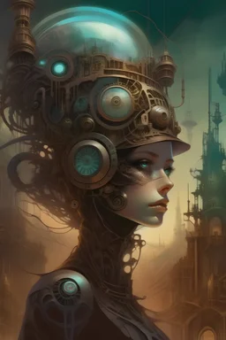 a mind-bending journey into a realm where past and future coalesce in a stunning fusion of cyberpunk, steampunk, and fantasy elements.