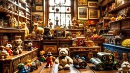 A vintage toy store selling bears, trains, collectibles, miniature models, cars with a vintage look. The store is filled with many toys, but also gives a warm feeling.