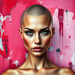 /imagine beautiful bald woman with a photorealistic face, high cheekbones, and intense gaze, against an abstract expressionist background of crimson red, blush pink, and magenta tones. Peeling paint texture and layered urban wall graffiti give a bold street art vibe. Visible brush marks enhance depth and movement, blending elegance with raw emotion. --style raw --ar 3:4 --v 7.0 --q 2 --stylize 150 --weird 250