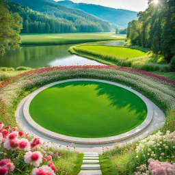 a round stage in country side in center of picture ,green field ,flowers , small river