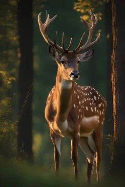 Ultra realistic 4k detailed fallow deer in a beautiful forest at the sunset, . 8k, hyper quality, dynamic lighting
