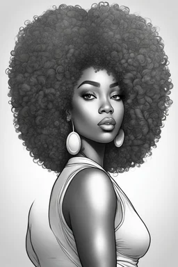 Create a coloring page of a beautiful curvy black female looking to the side with tight curly afro. No shading, No color, define lines, clean lines