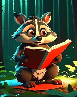 frightened, in the forest, boyaguz, a cute little raccoon who stole a magic book, 2 characters, anime, cartoon, light effect, cute, quirky cute, lighting is smooth, in 3d animation, 6 similar pictures